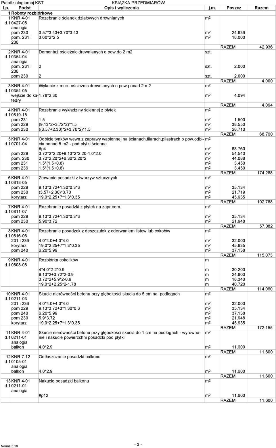 10354-05 wejście do ka-1.78*2.3tedry 4.094 RAZEM 4.094 4KNR 4-01 Rozebranie wykładziny ściennej z płytek d.10819-15 po31 1.5 1.500 po29 (9.13*2+3.72*2)*1.5 38.550 po30 ((3.57+2.30)*2+3.70*2)*1.5 28.