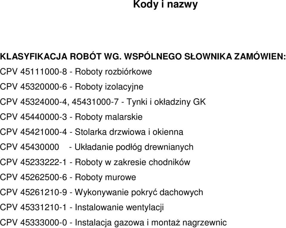 Tynki i okładziny GK CPV 45440000-3 - Roboty malarskie CPV 45421000-4 - Stolarka drzwiowa i okienna CPV 45430000 - Układanie podłóg