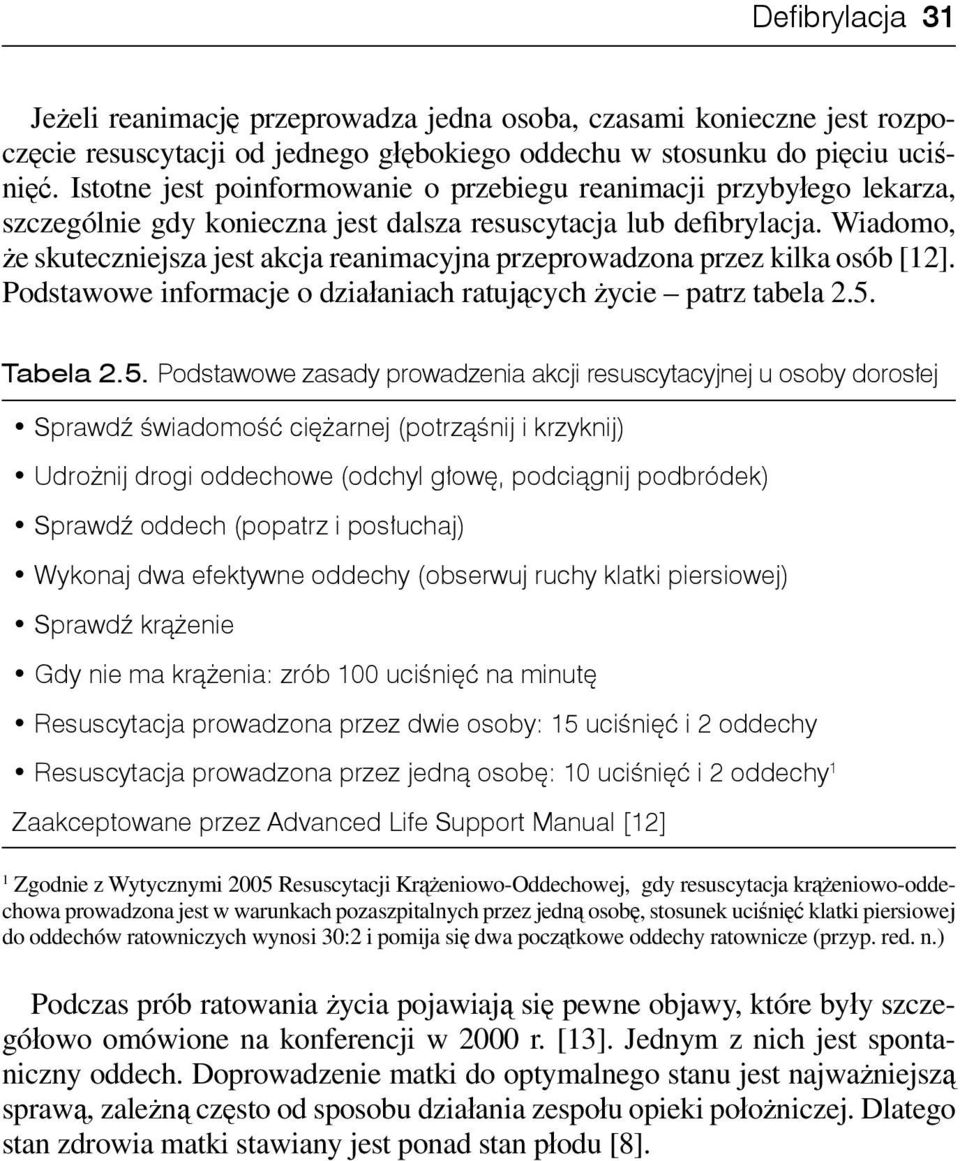 Wiadomo, że skuteczniejsza jest akcja reanimacyjna przeprowadzona przez kilka osób [12]. Podstawowe informacje o działaniach ratujących życie patrz tabela 2.5.