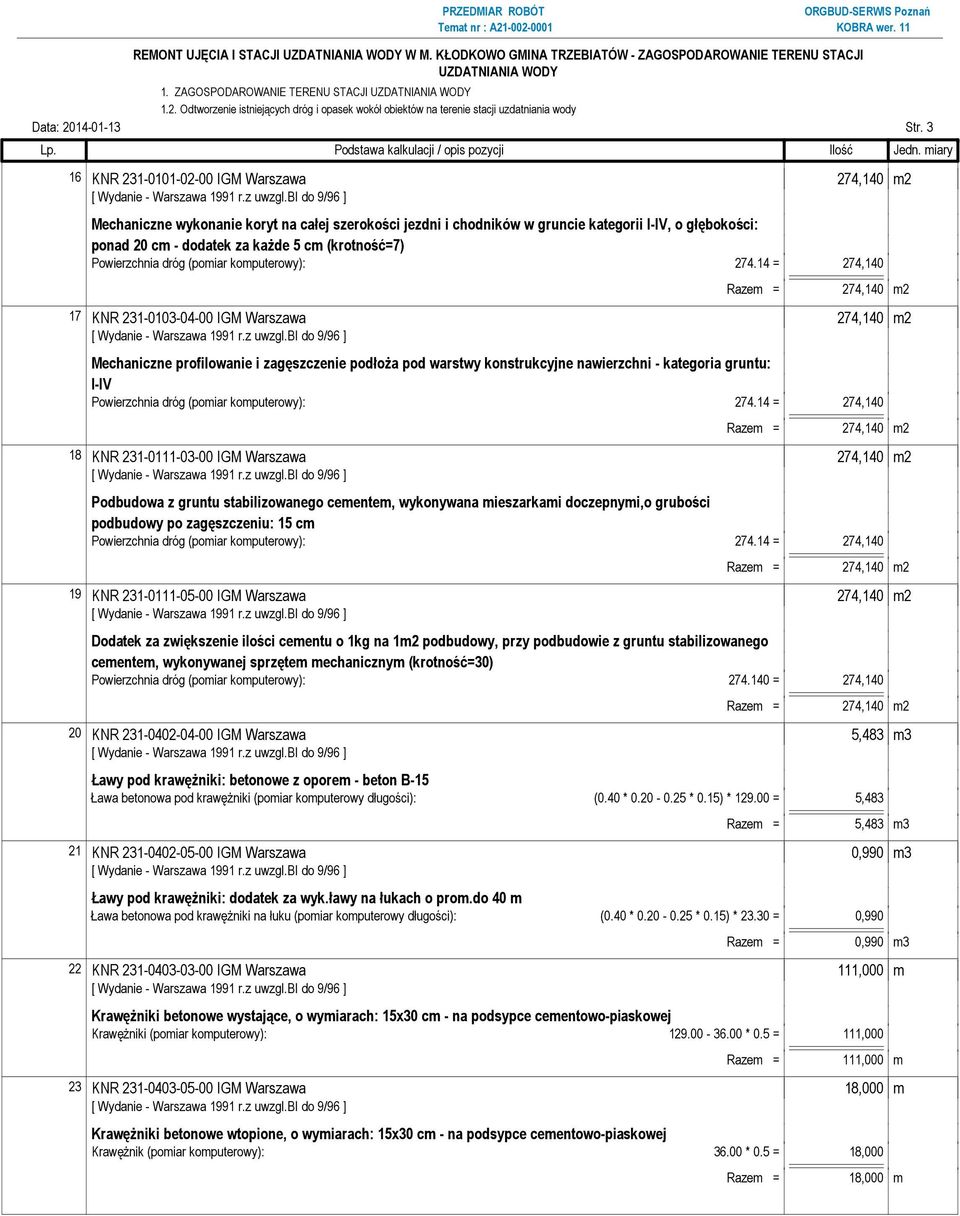 (krotność=7) 17 KNR 231-0103-04-00 IGM Warszawa 274,140 m2 Mechaniczne profilowanie i zagęszczenie podłoża pod warstwy konstrukcyjne nawierzchni - kategoria gruntu: I-IV 18 KNR 231-0111-03-00 IGM