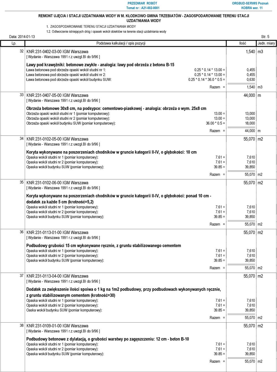 00 = 0,455 Ława betonowa pod obrzeże opaski wokół studni nr 2: 0.25 * 0.14 * 13.00 = 0,455 Ława betonowa pod obrzeże opaski wokół budynku SUW: 0.25 * 0.14 * 36.0 * 0.