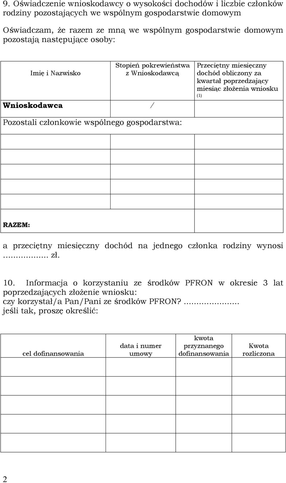 Pozostali członkowie wspólnego gospodarstwa: RAZEM: a przeciętny miesięczny dochód na jednego członka rodziny wynosi... zł. 10.