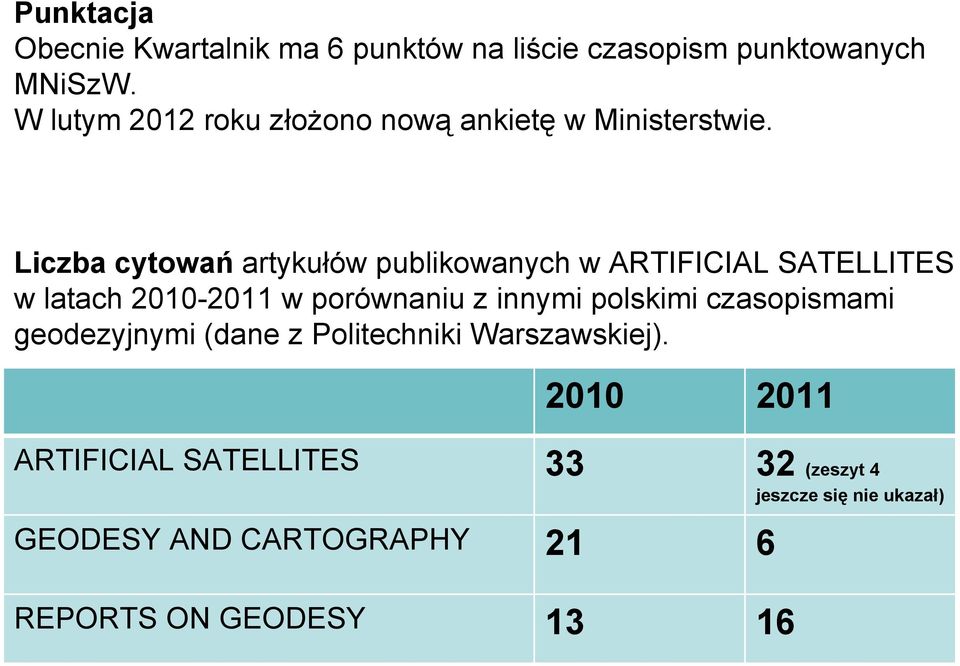 Liczba cytowań artykułów publikowanych w ARTIFICIAL SATELLITES w latach 2010-2011 w porównaniu z innymi