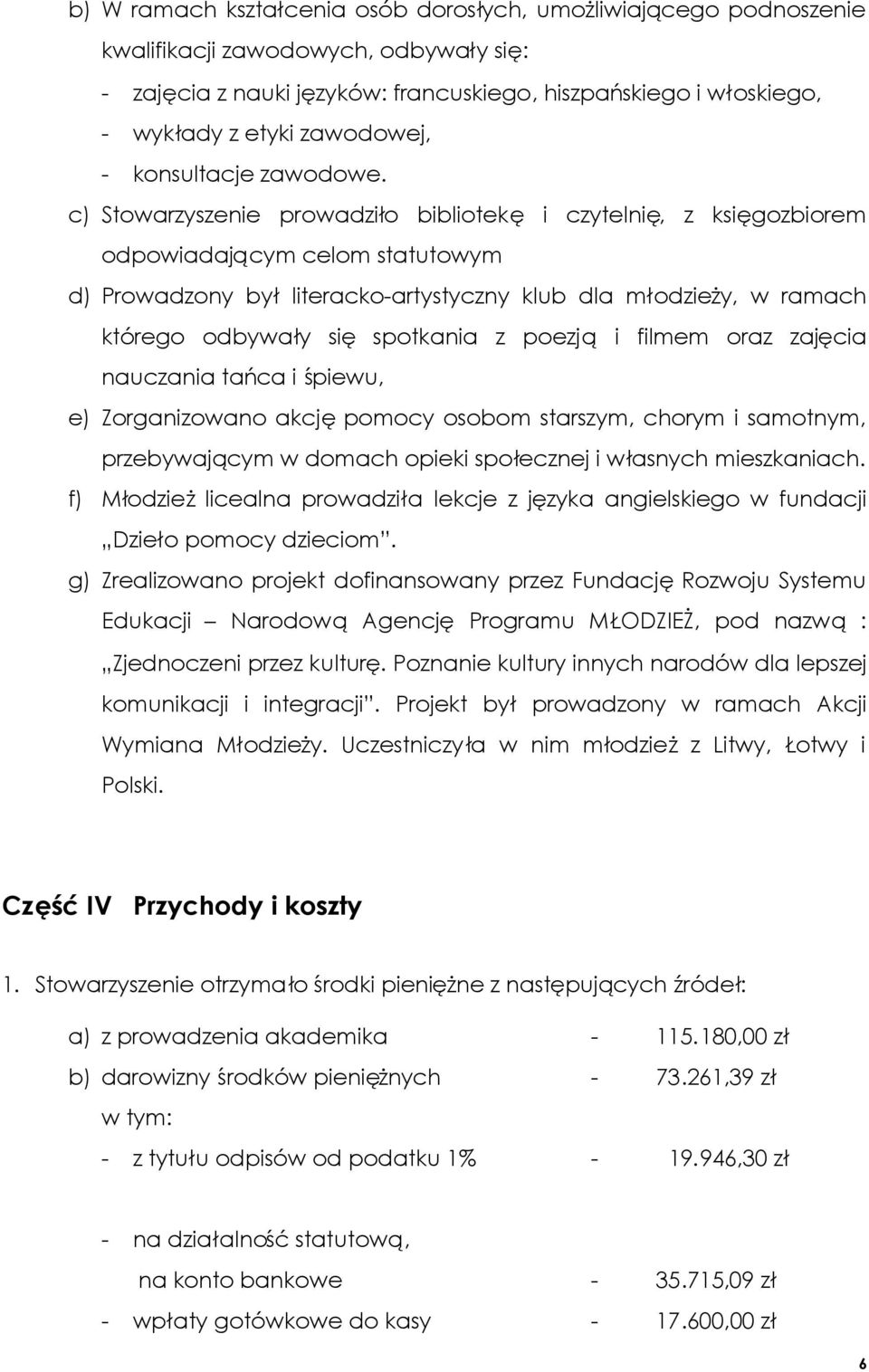 c) Stowarzyszenie prowadziło bibliotekę i czytelnię, z księgozbiorem odpowiadającym celom statutowym d) Prowadzony byłliteracko-artystyczny klub dla młodzieży, w ramach którego odbywały się spotkania