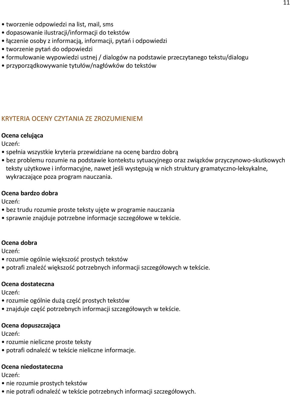 kryteria przewidziane na ocenę bardzo dobrą bez problemu rozumie na podstawie kontekstu sytuacyjnego oraz związków przyczynowo-skutkowych teksty użytkowe i informacyjne, nawet jeśli występują w nich