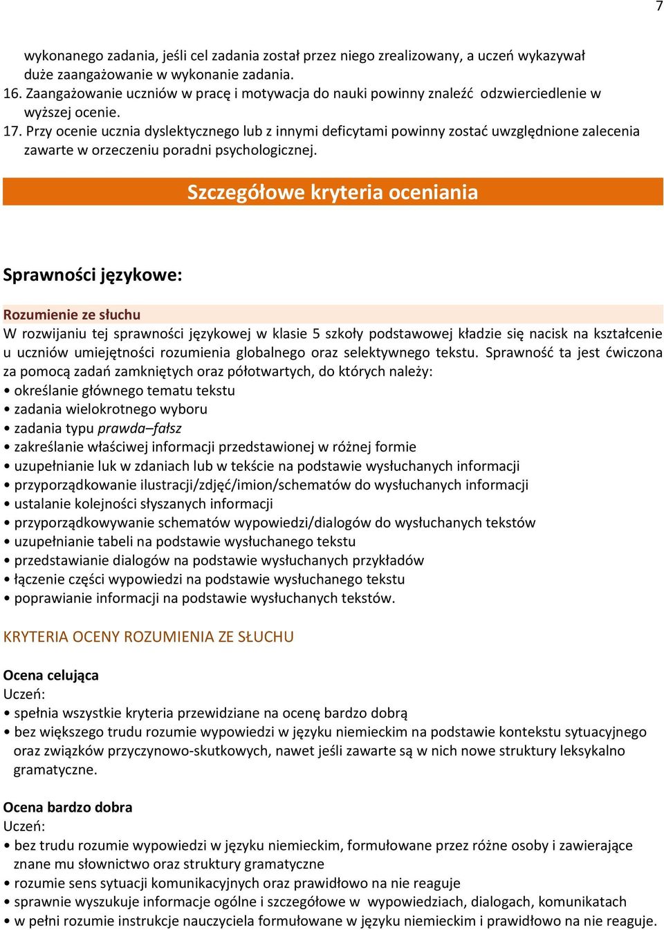 Przy ocenie ucznia dyslektycznego lub z innymi deficytami powinny zostać uwzględnione zalecenia zawarte w orzeczeniu poradni psychologicznej.