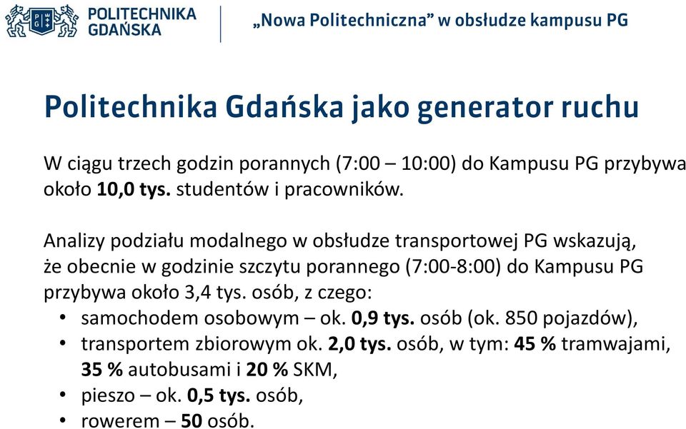 Analizy podziału modalnego w obsłudze transportowej PG wskazują, że obecnie w godzinie szczytu porannego (7:00 8:00) do Kampusu PG