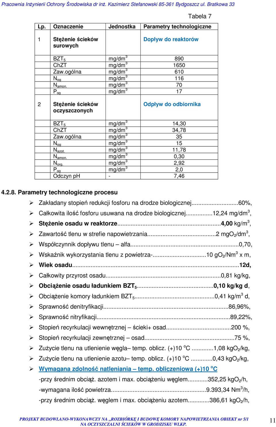 mg/dm 3 0,30 N org. mg/dm 3 2,92 P og mg/dm 3 2,0 Odczyn ph - 7,46 4.2.8. Parametry technologiczne procesu Zakładany stopień redukcji fosforu na drodze biologicznej.