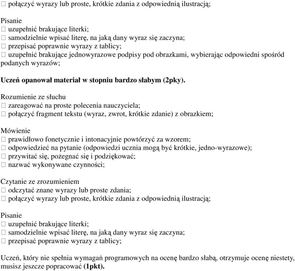 odpowiedzieć na pytanie (odpowiedzi ucznia mogą być krótkie, jedno-wyrazowe); przywitać się, pożegnać się i podziękować; nazwać