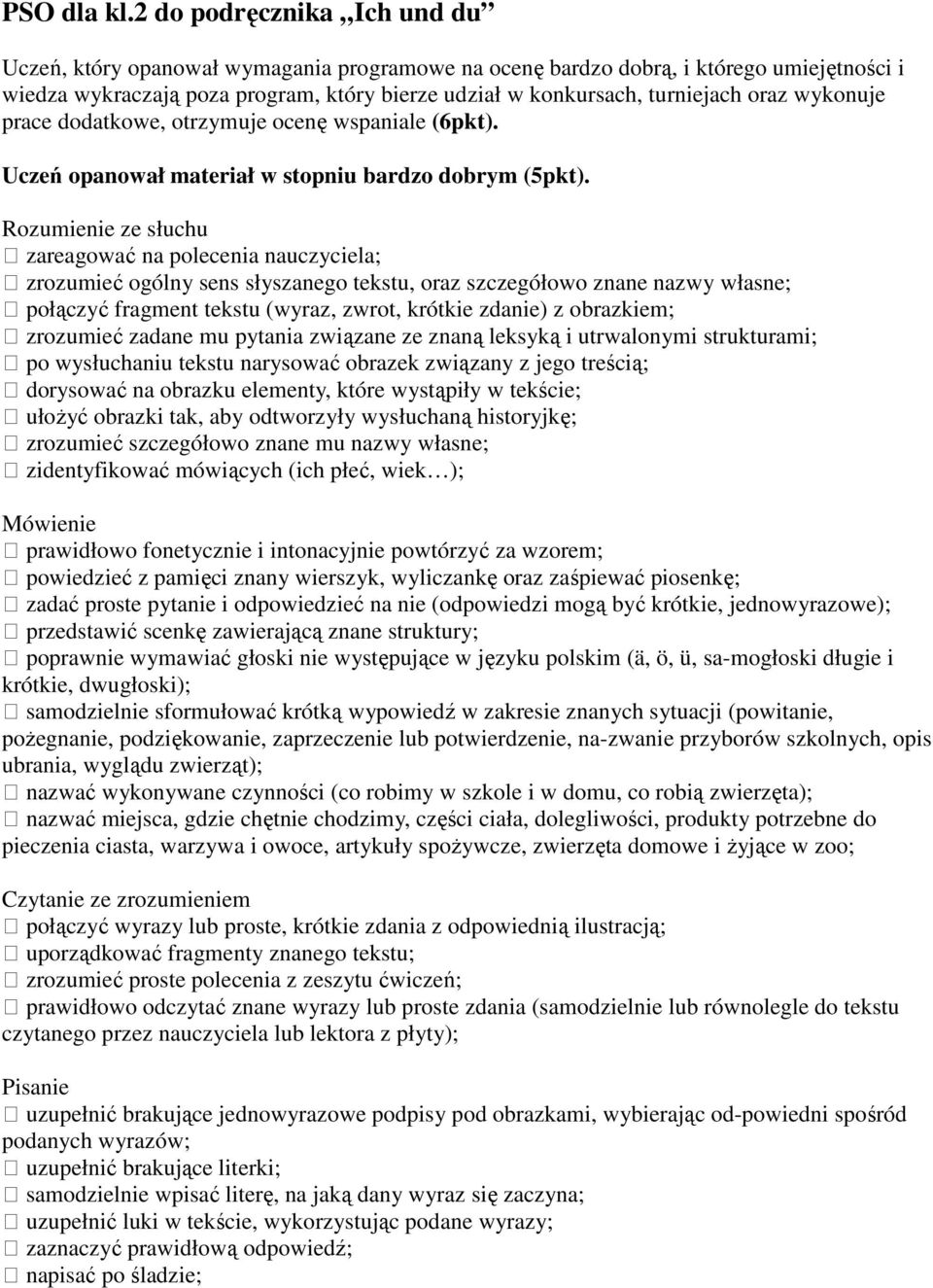 oraz wykonuje prace dodatkowe, otrzymuje ocenę wspaniale (6pkt). Uczeń opanował materiał w stopniu bardzo dobrym (5pkt).