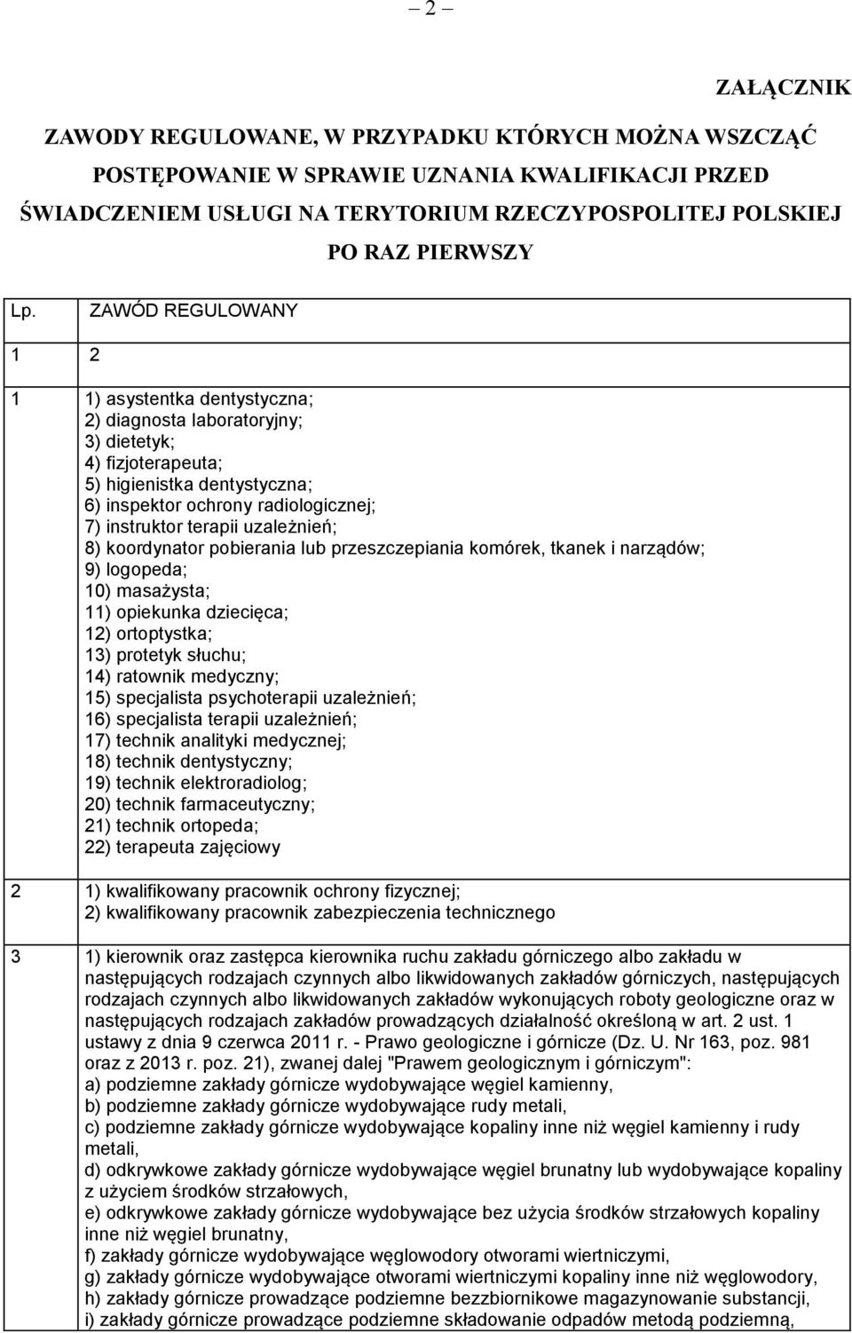 uzależnień; 8) koordynator pobierania lub przeszczepiania komórek, tkanek i narządów; 9) logopeda; 10) masażysta; 11) opiekunka dziecięca; 12) ortoptystka; 13) protetyk słuchu; 14) ratownik medyczny;