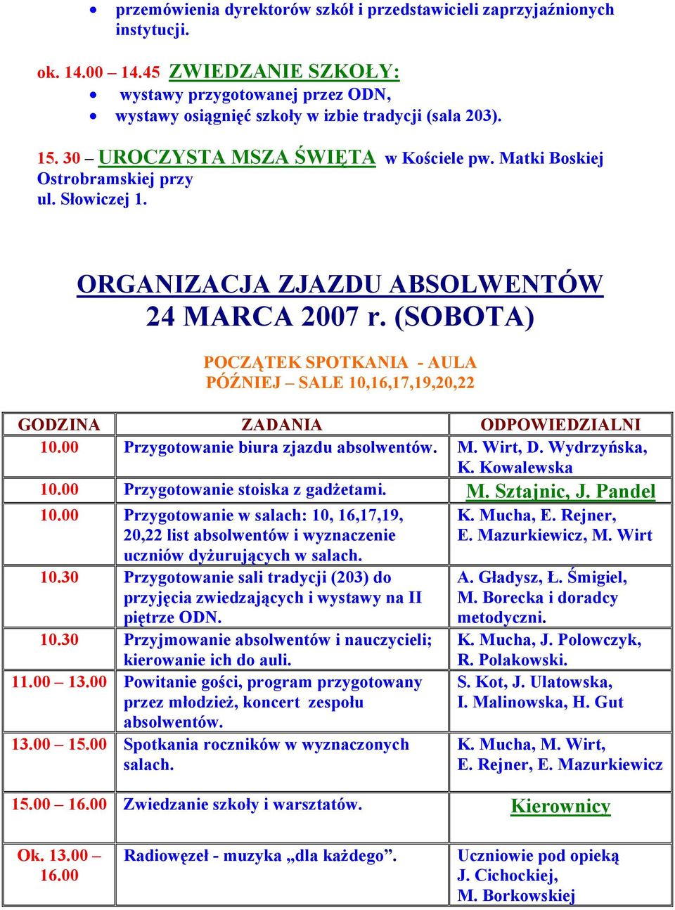 (SOBOTA) POCZĄTEK SPOTKANIA - AULA PÓŹNIEJ SALE 10,16,17,19,20,22 10.00 Przygotowanie biura zjazdu absolwentów. M. Wirt, D. Wydrzyńska, K. Kowalewska 10.00 Przygotowanie stoiska z gadżetami. M. Sztajnic, J.