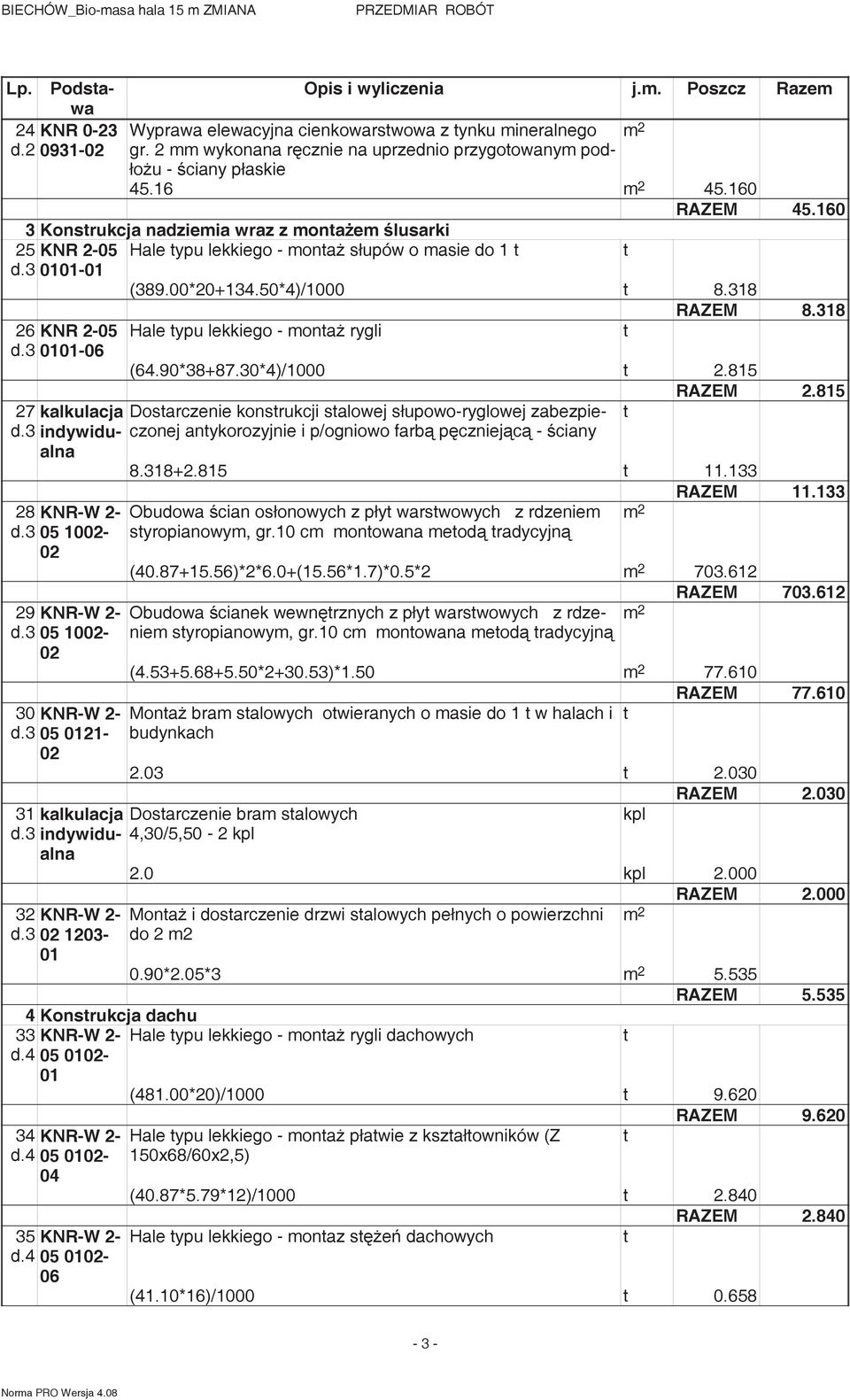 3 05 10-30 KNR-W 2- d.3 05 21-31 kalkulacja d.3 indywidualna 32 KNR-W 2- d.3 1203-33 d.4 (389.00*20+134.50*4)/1000 8.318 RAZEM 8.318 Hale ypu lekkiego - mona rygli (64.90*38+87.30*4)/1000 2.