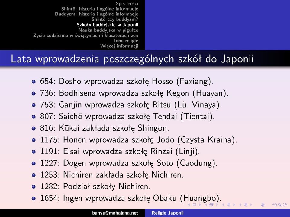 807: Saichō wprowadza szkołę Tendai (Tientai). 816: Kūkai zakłada szkołę Shingon. 1175: Honen wprowadza szkołę Jodo (Czysta Kraina).