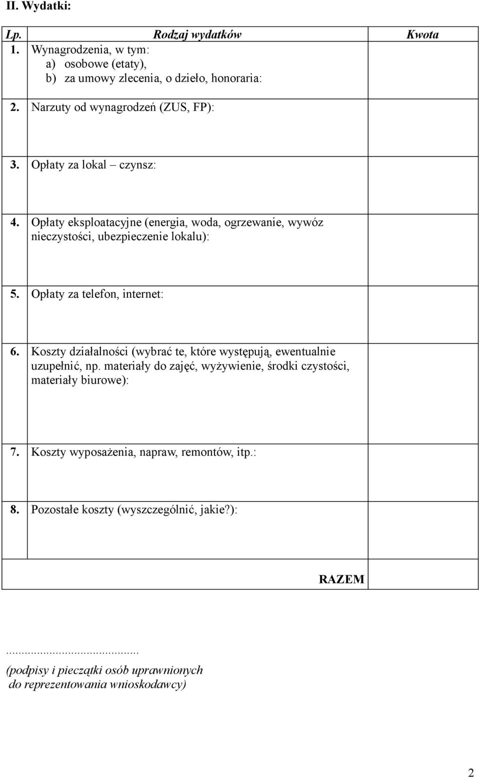 Opłaty za telefon, internet: 6. Koszty działalności (wybrać te, które występują, ewentualnie uzupełnić, np.