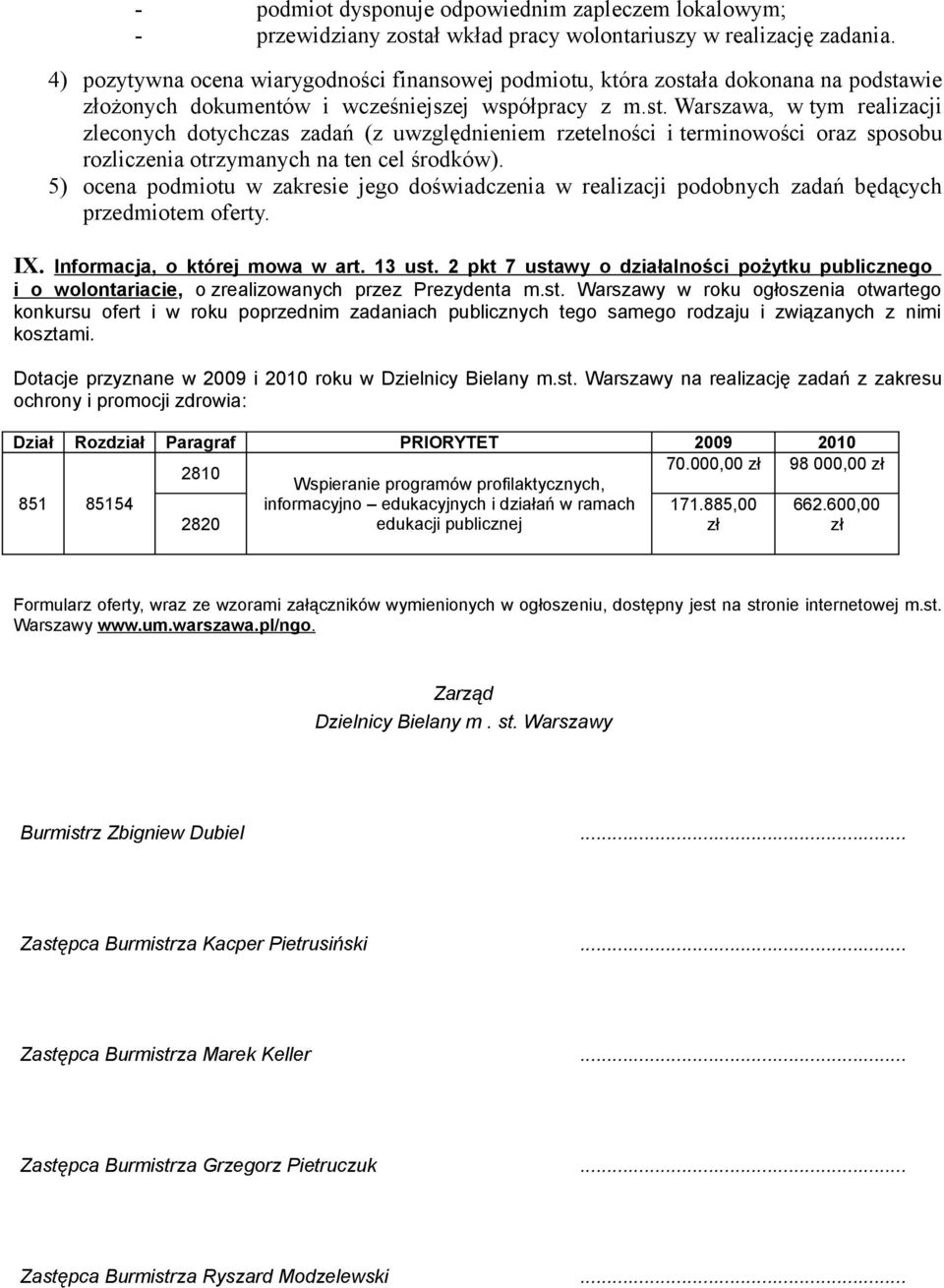 ła dokonana na podstawie złożonych dokumentów i wcześniejszej współpracy z m.st. Warszawa, w tym realizacji zleconych dotychczas zadań (z uwzględnieniem rzetelności i terminowości oraz sposobu rozliczenia otrzymanych na ten cel środków).