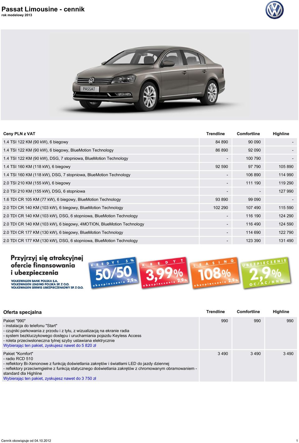 4 TSI 160 KM (118 kw), 6 biegowy 92 590 97 790 105 890 1.4 TSI 160 KM (118 kw), DSG, 7 stopniowa, BlueMotion Technology - 106 890 114 990 2.0 TSI 210 KM (155 kw), 6 biegowy - 111 190 119 290 2.