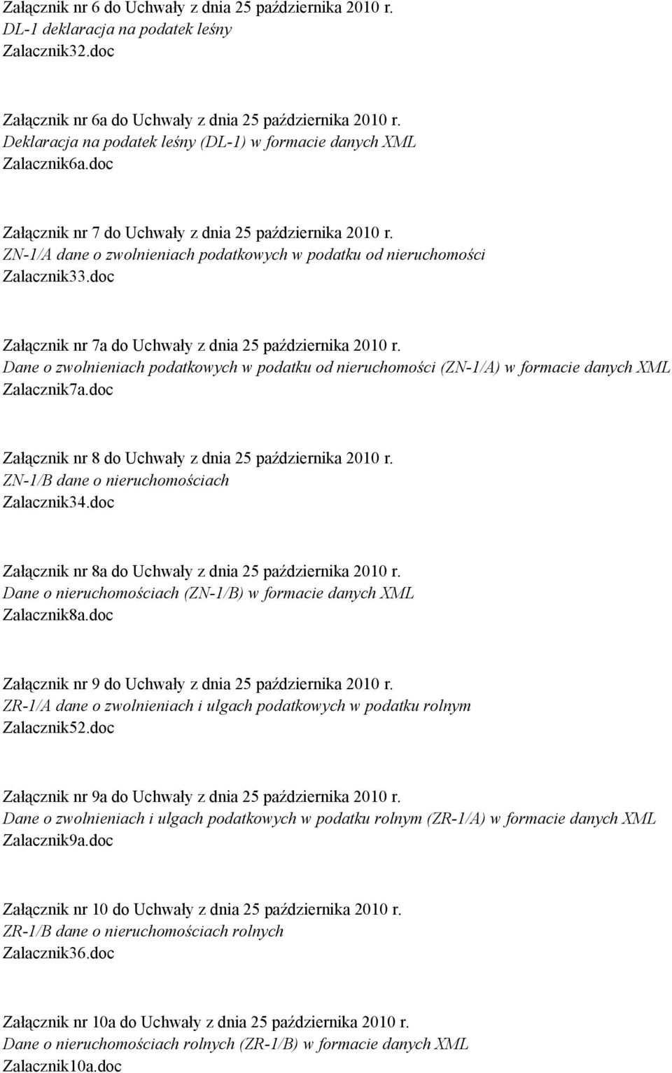 ZN-1/A dane o zwolnieniach podatkowych w podatku od nieruchomości Zalacznik33.doc Załącznik nr 7a do Uchwały z dnia 25 października 2010 r.