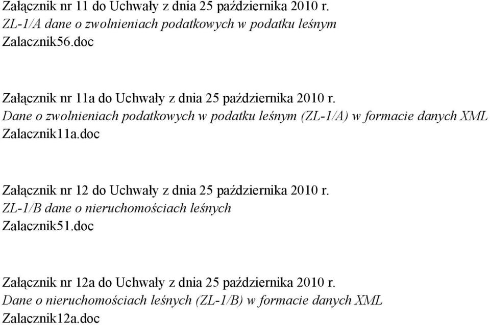 Dane o zwolnieniach podatkowych w podatku leśnym (ZL-1/A) w formacie danych XML Zalacznik11a.