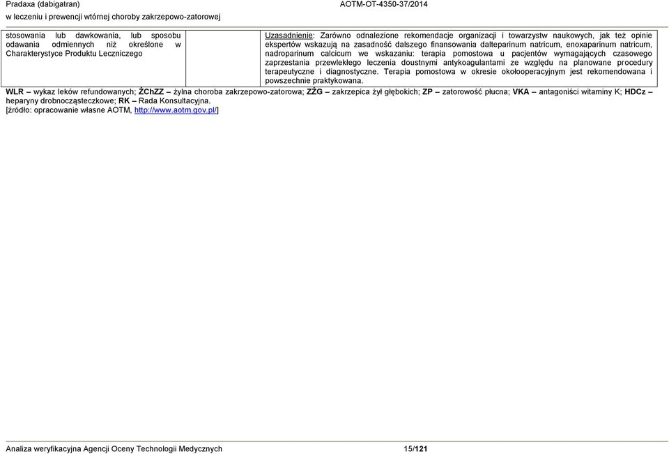 we wskazaniu: terapia pomostowa u pacjentów wymagających czasowego zaprzestania przewlekłego leczenia doustnymi antykoagulantami ze względu na planowane procedury terapeutyczne i diagnostyczne.