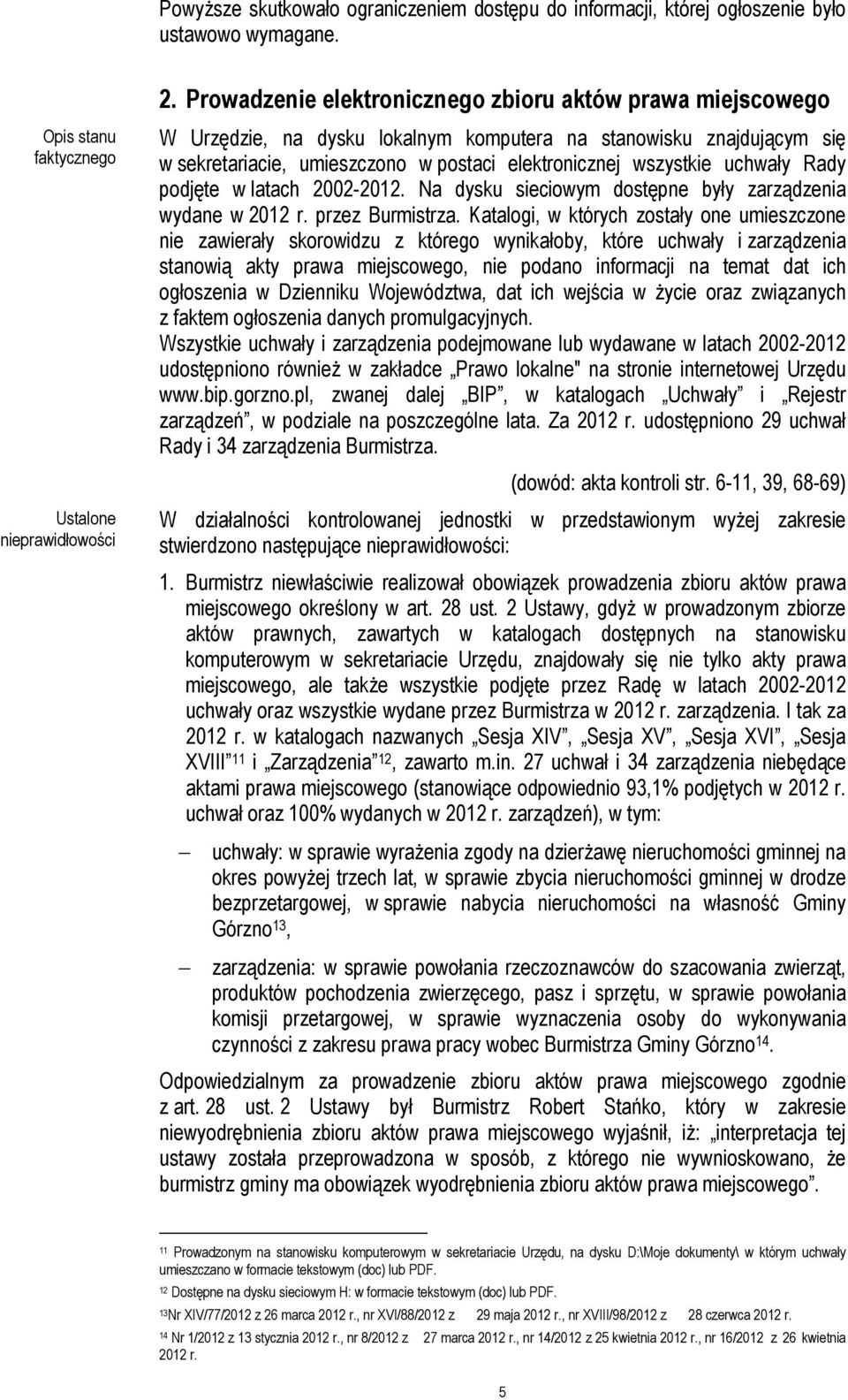 umieszczono w postaci elektronicznej wszystkie uchwały Rady podjęte w latach 2002-2012. Na dysku sieciowym dostępne były zarządzenia wydane w 2012 r. przez Burmistrza.