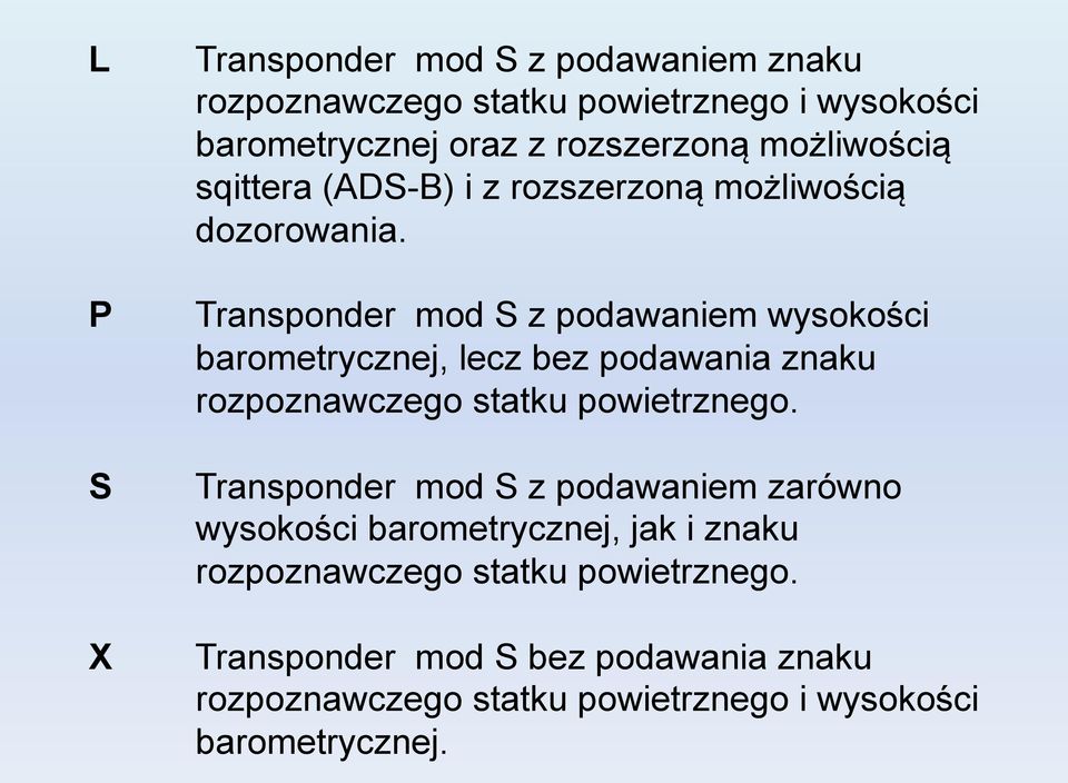 P Transponder mod S z podawaniem wysokości barometrycznej, lecz bez podawania znaku rozpoznawczego statku powietrznego.