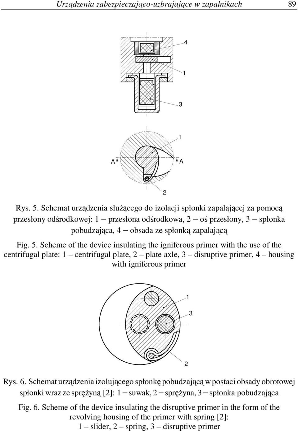 Scheme of the device insulating the igniferous primer with the use of the centrifugal plate: centrifugal plate, 2 plate axle, 3 disruptive primer, 4 housing with igniferous primer 2 3 Rys. 6.