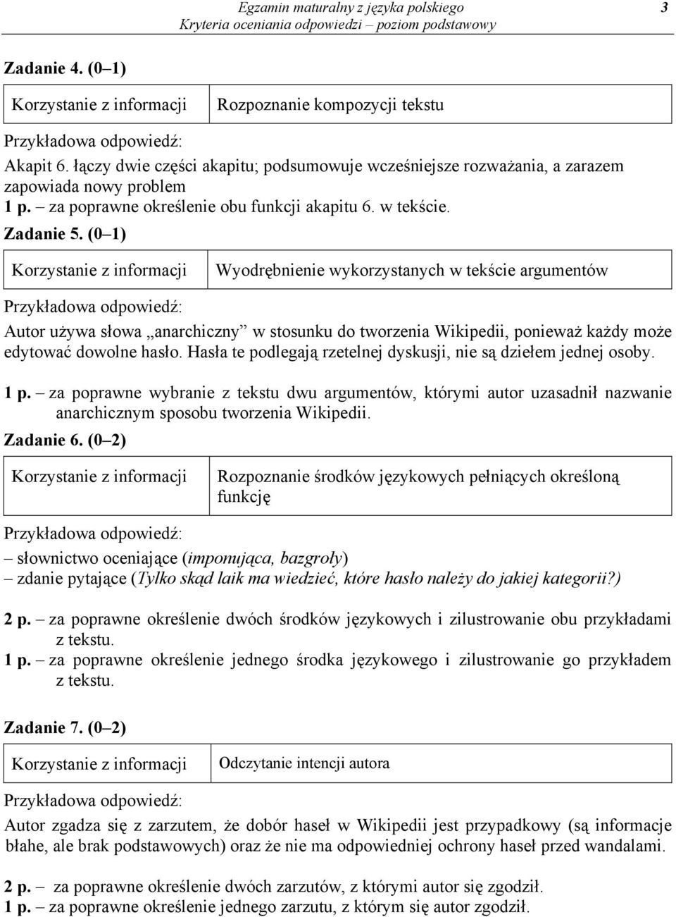 (0 1) Wyodrębnienie wykorzystanych w tekście argumentów Autor używa słowa anarchiczny w stosunku do tworzenia Wikipedii, ponieważ każdy może edytować dowolne hasło.