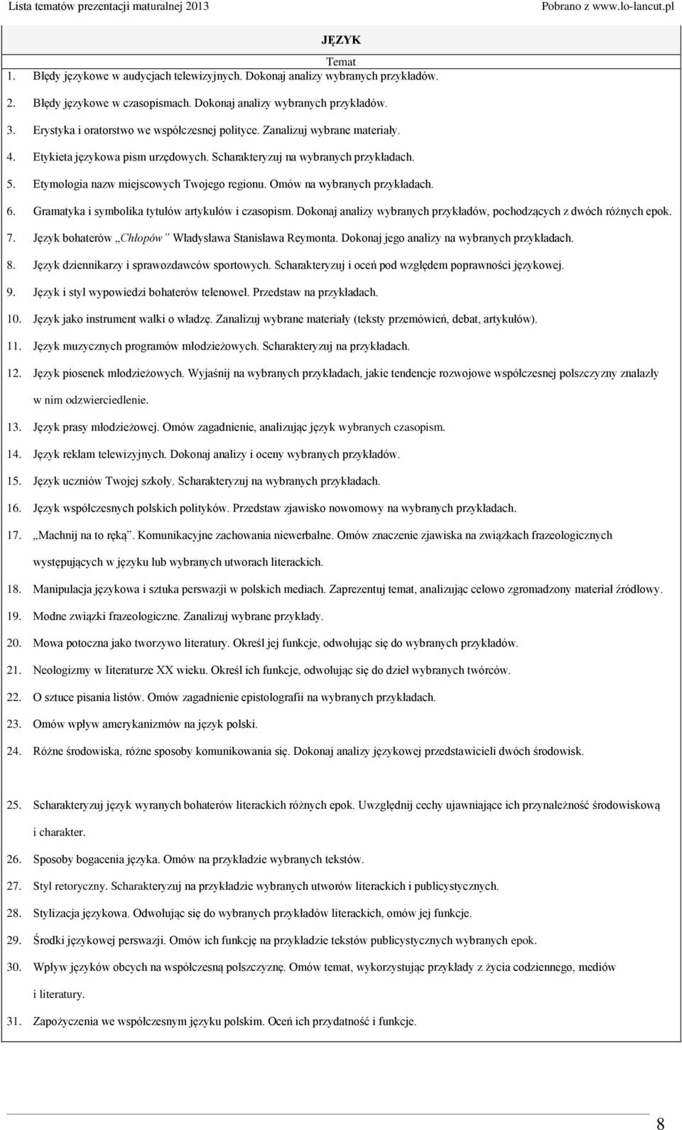 Etymologia nazw miejscowych Twojego regionu. Omów na wybranych przykładach. 6. Gramatyka i symbolika tytułów artykułów i czasopism.