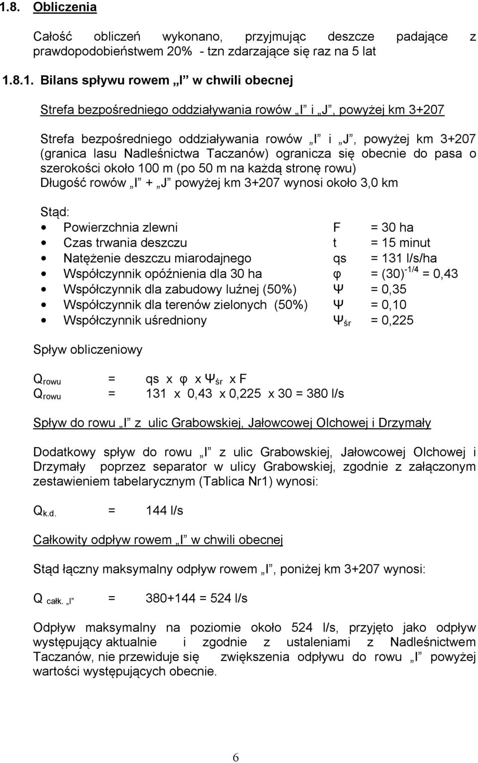 m (po 50 m na każdą stronę rowu) Długość rowów I + J powyżej km 3+207 wynosi około 3,0 km Stąd: Powierzchnia zlewni F = 30 ha Czas trwania deszczu t = 15 minut Natężenie deszczu miarodajnego qs = 131