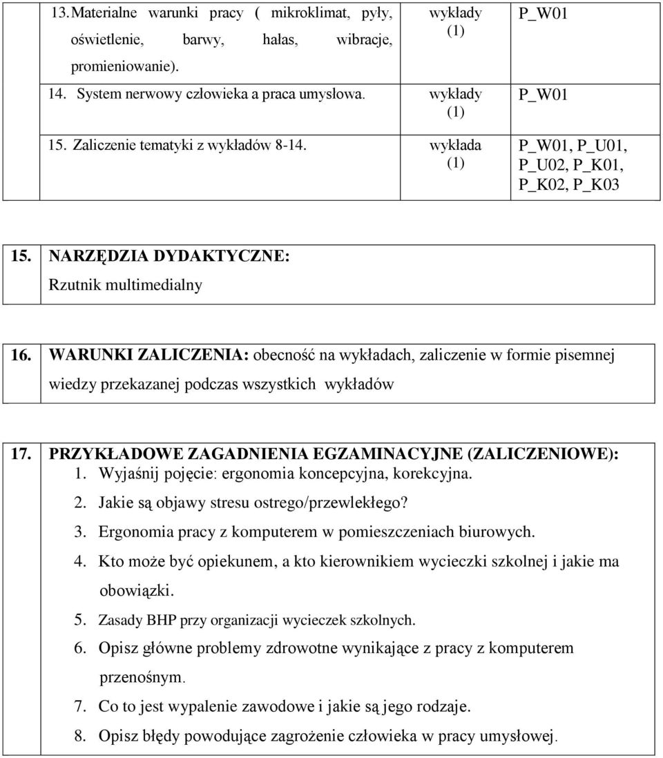 WARUNKI ZALICZENIA: obecność na wykładach, zaliczenie w formie pisemnej wiedzy przekazanej podczas wszystkich wykładów 17. PRZYKŁADOWE ZAGADNIENIA EGZAMINACYJNE (ZALICZENIOWE): 1.