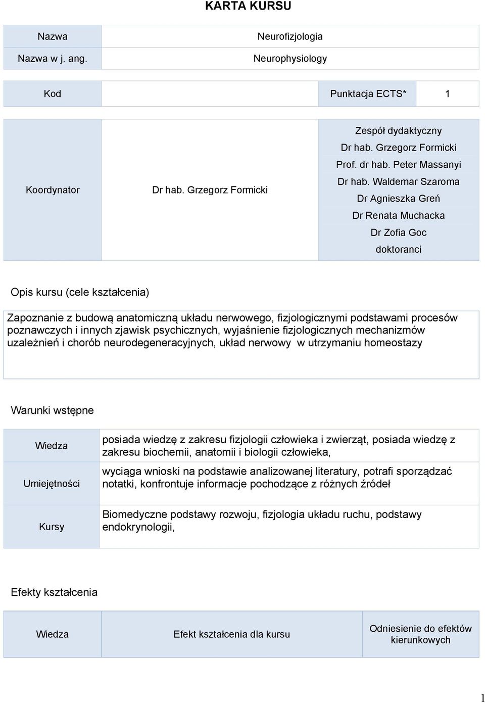 Waldemar Szaroma Dr Agnieszka Greń Dr Renata Muchacka Dr Zofia Goc doktoranci Opis kursu (cele kształcenia) Zapoznanie z budową anatomiczną układu nerwowego, fizjologicznymi podstawami procesów
