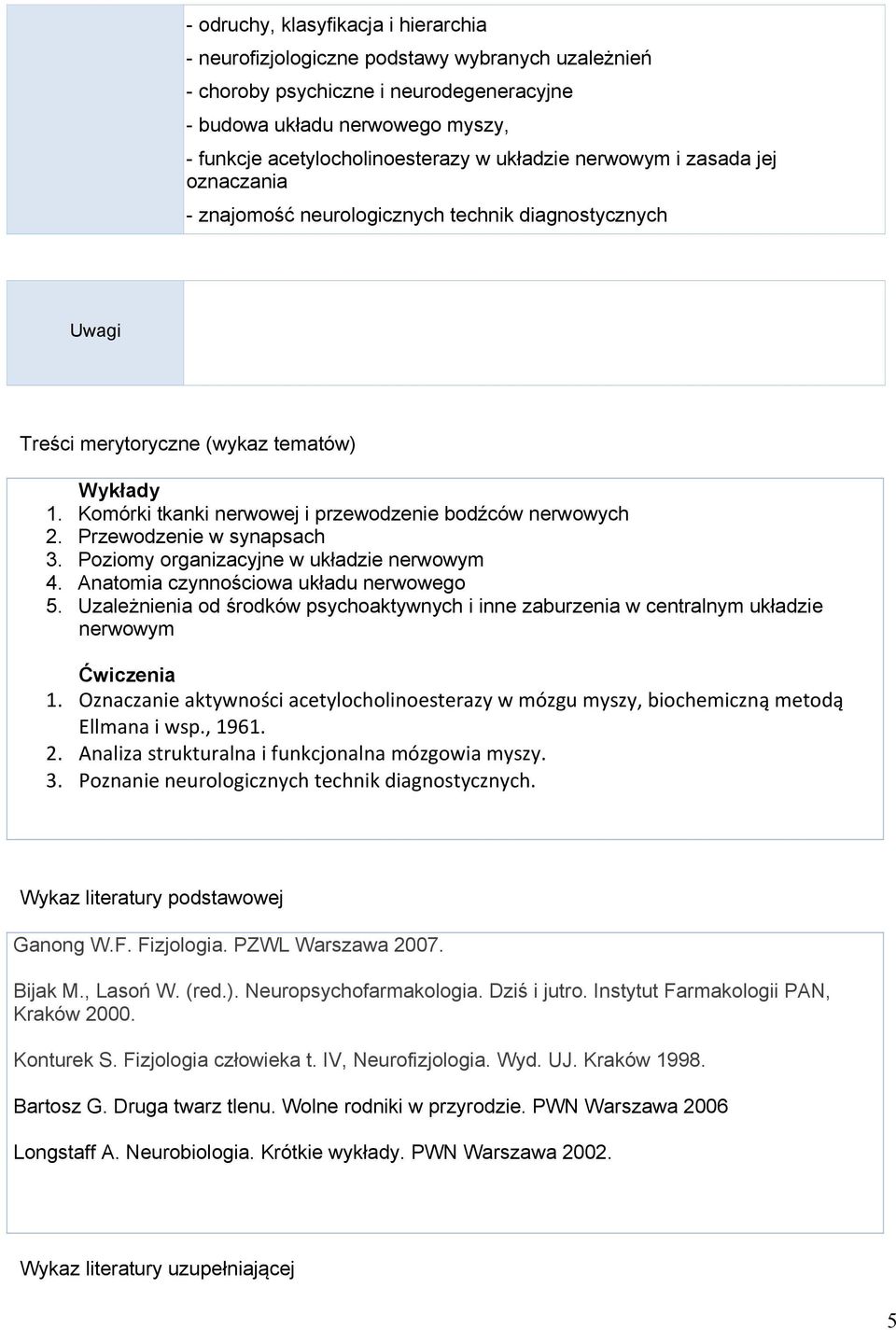 Komórki tkanki nerwowej i przewodzenie bodźców nerwowych 2. Przewodzenie w synapsach 3. Poziomy organizacyjne w układzie nerwowym 4. Anatomia czynnościowa układu nerwowego 5.