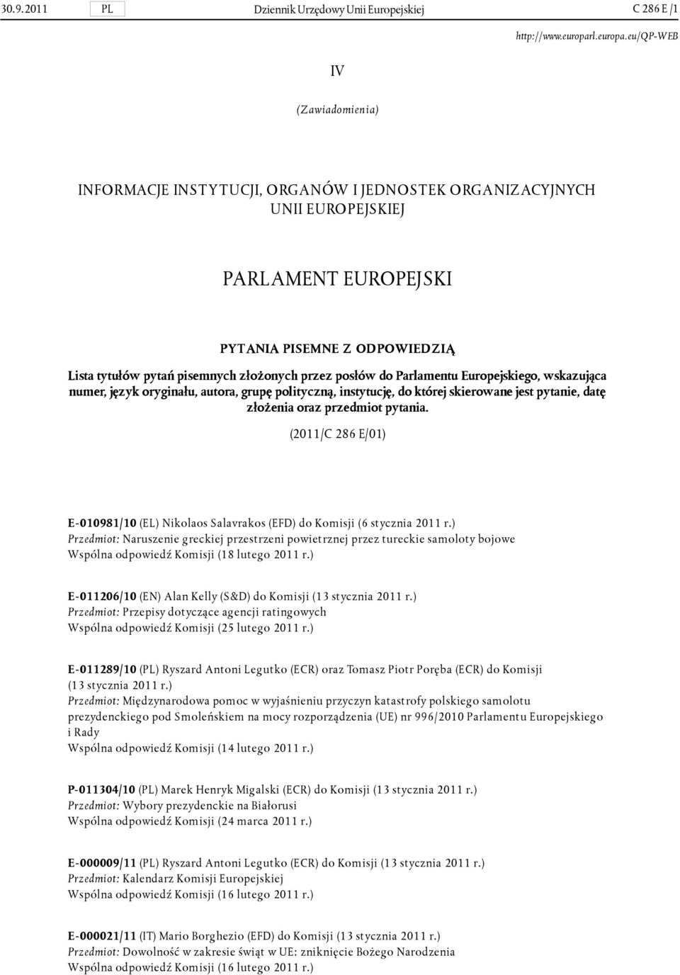 pytanie, datę złożenia oraz przedmiot pytania. (2011/C 286 E/01) E-010981/10 (EL) Nikolaos Salavrakos (EFD) do Komisji (6 stycznia 2011 r.