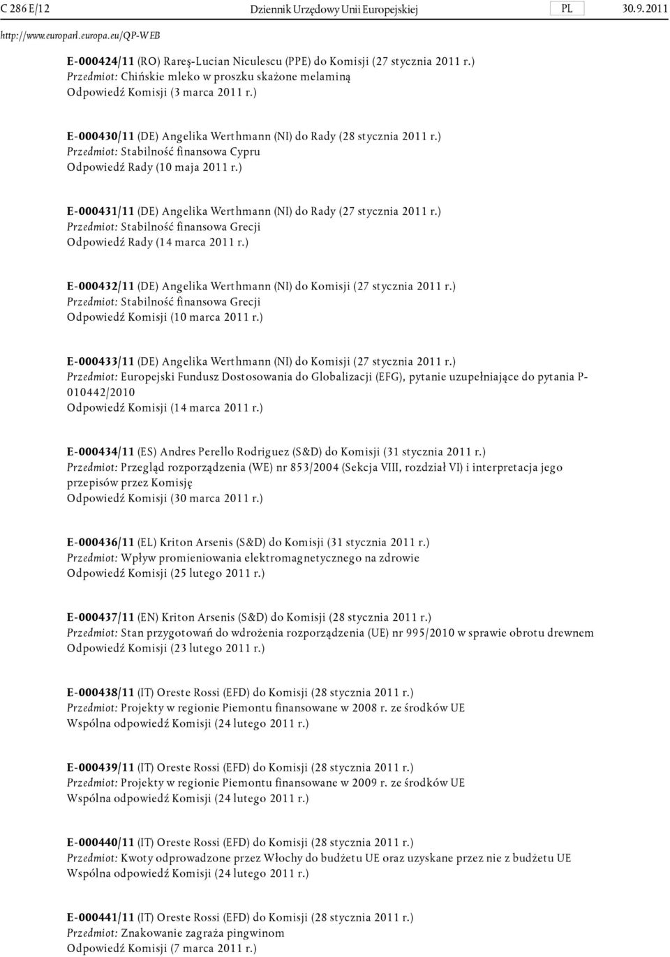 ) Przedmiot: Stabilność finansowa Cypru Odpowiedź Rady (10 maja 2011 r.) E-000431/11 (DE) Angelika Werthmann (NI) do Rady (27 stycznia 2011 r.