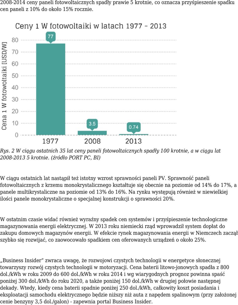 (źródło PORT PC, BI) W ciągu ostatnich lat nastąpił też istotny wzrost sprawności paneli PV.