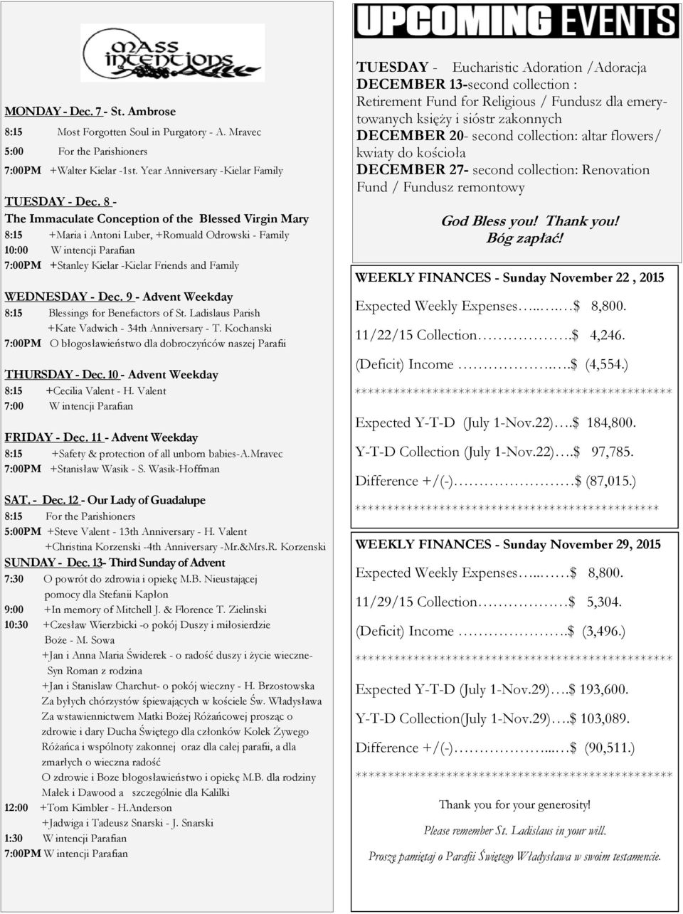 Dec. 9 - Advent Weekday 8:15 Blessings for Benefactors of St. Ladislaus Parish +Kate Vadwich - 34th Anniversary - T. Kochanski 7:00PM O błogosławieństwo dla dobroczyńców naszej Parafii THURSDAY - Dec.