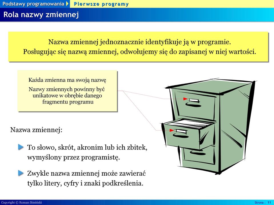 Każda zmienna ma swoją nazwę Nazwy zmiennych powinny być unikatowe w obrębie danego fragmentu programu Nazwa