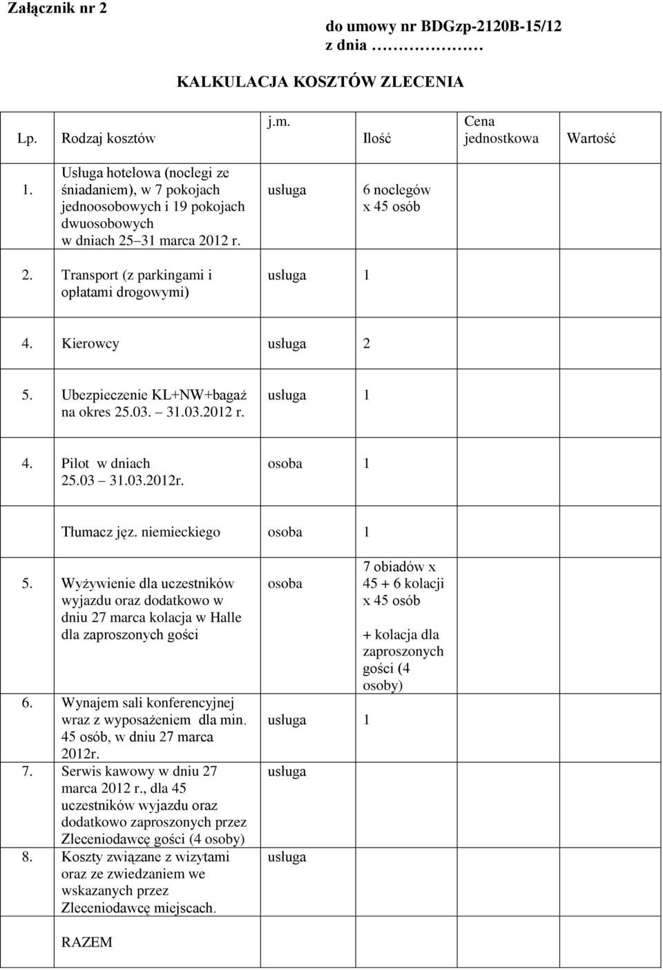 Transport (z parkingami i opłatami drogowymi) usługa 1 4. Kierowcy usługa 2 5. Ubezpieczenie KL+NW+bagaż na okres 25.03. 31.03.2012 r. usługa 1 4. Pilot w dniach 25.03 31.03.2012r.