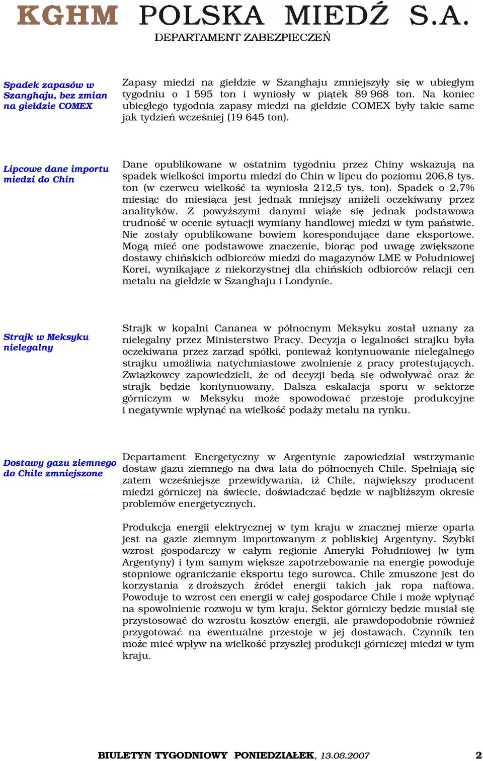 Lipcowe dane importu miedzi do Chin Dane opublikowane w ostatnim tygodniu przez Chiny wskazują na spadek wielkości importu miedzi do Chin w lipcu do poziomu 206,8 tys.