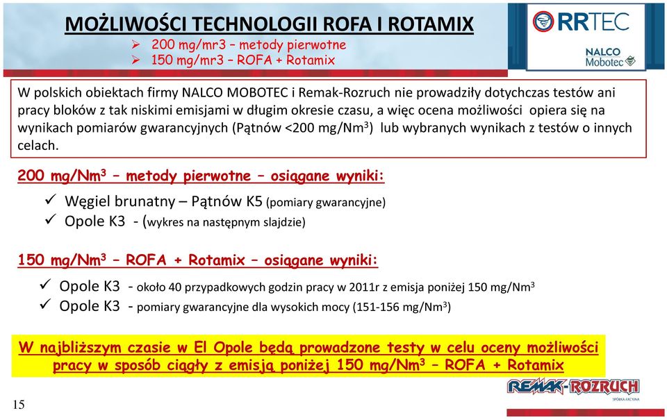 200 mg/nm 3 metody pierwotne osiągane wyniki: Węgiel brunatny Pątnów K5 (pomiary gwarancyjne) Opole K3 - (wykres na następnym slajdzie) 150 mg/nm 3 ROFA + Rotamix osiągane wyniki: Opole K3 - około 40