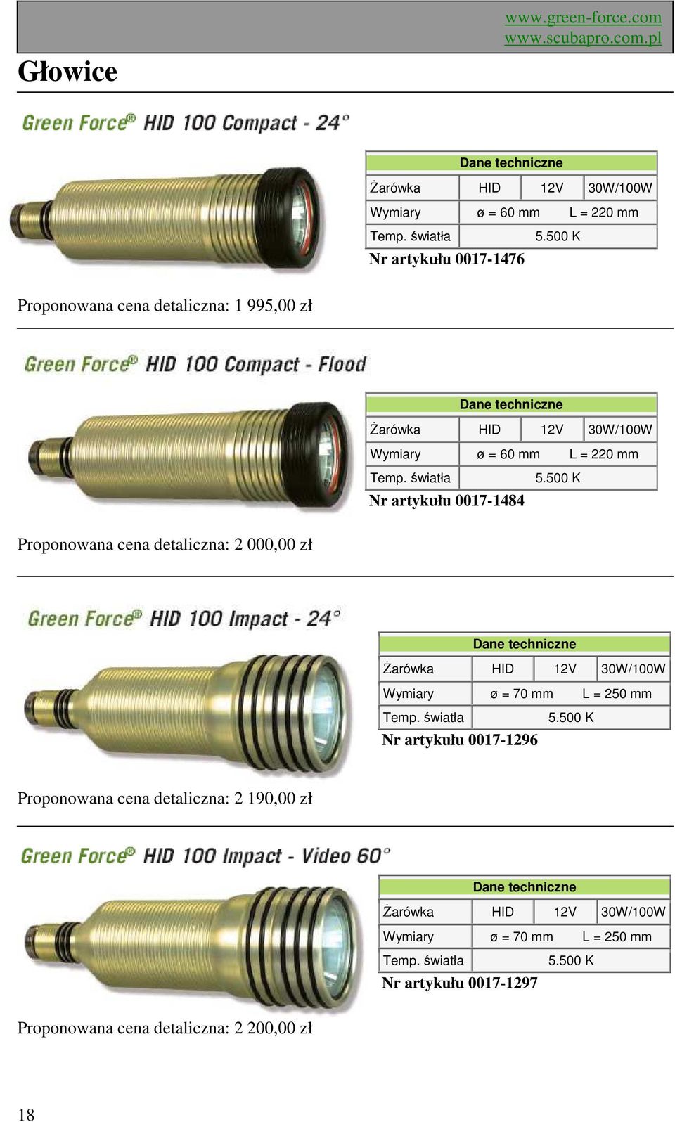 500 K Proponowana cena detaliczna: 2 000,00 zł śarówka HID 12V 30W/100W Wymiary ø = 70 mm L = 250 mm Nr artykułu 0017-1296 5.