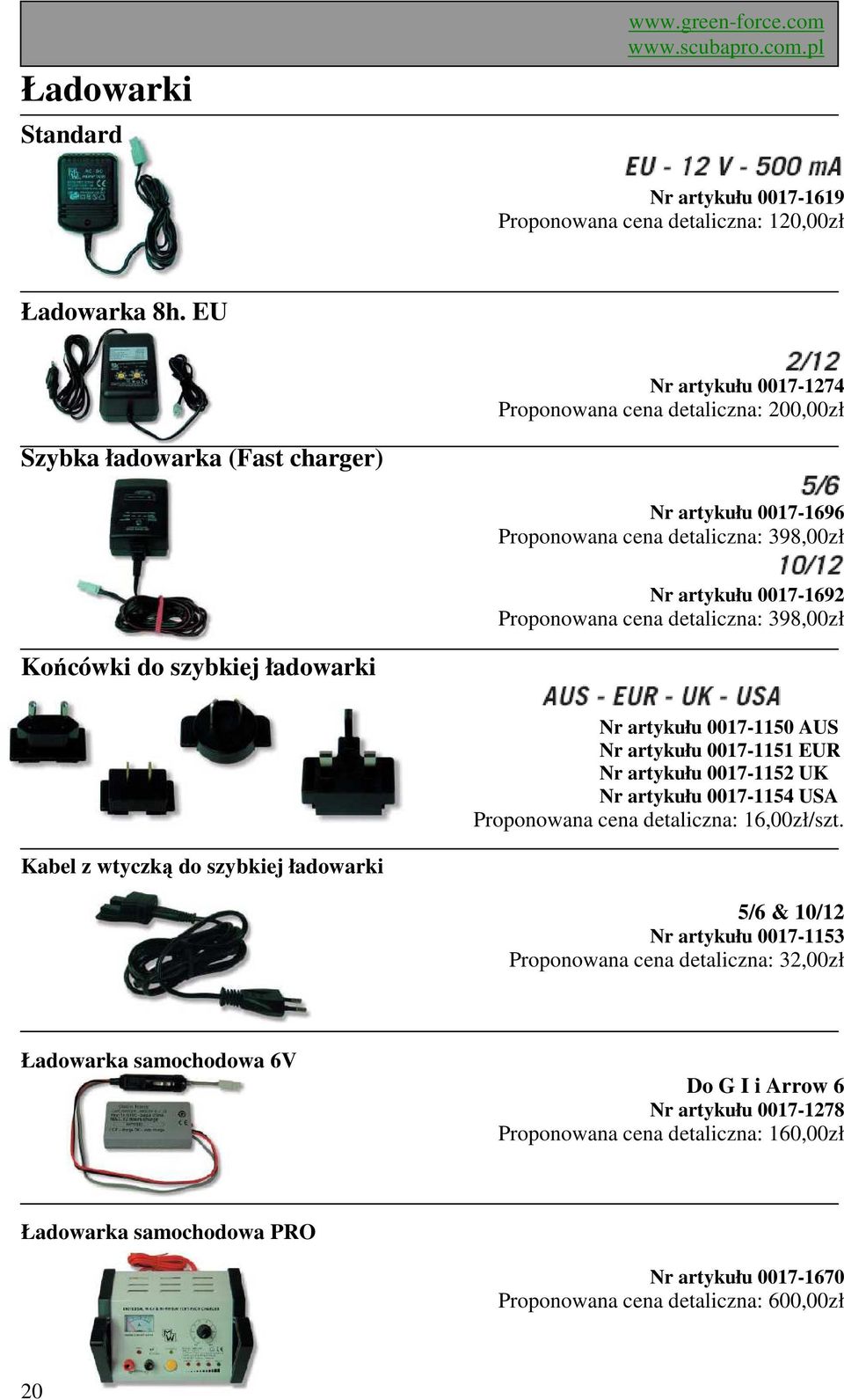 detaliczna: 398,00zł Końcówki do szybkiej ładowarki Nr artykułu 0017-1150 AUS Nr artykułu 0017-1151 EUR Nr artykułu 0017-1152 UK Nr artykułu 0017-1154 USA Proponowana cena detaliczna: 16,00zł/szt.