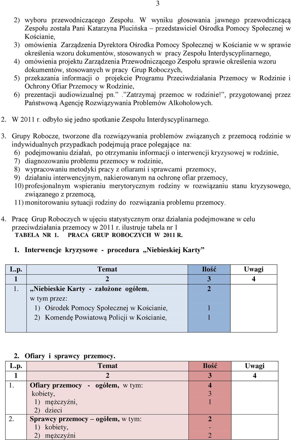 Kościanie w w sprawie określenia wzoru dokumentów, stosowanych w pracy Zespołu Interdyscyplinarnego, ) omówienia projektu Zarządzenia Przewodniczącego Zespołu sprawie określenia wzoru dokumentów,