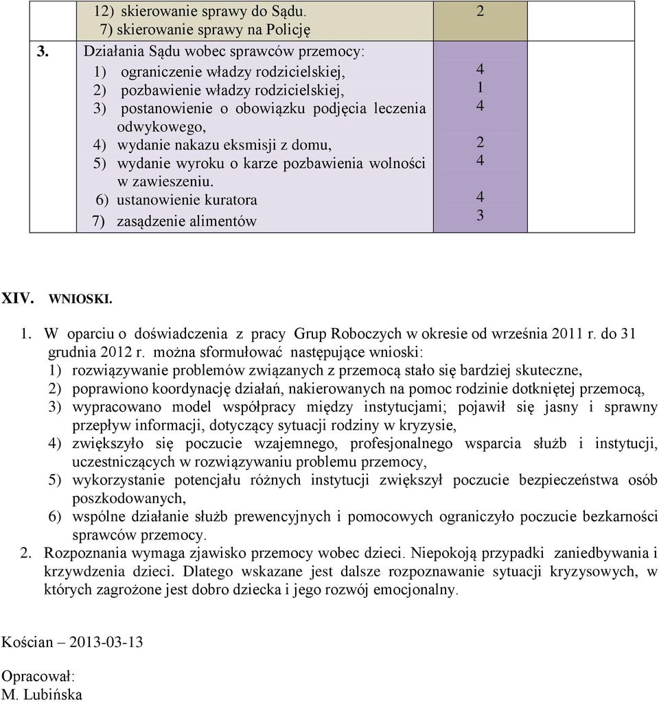 z domu, 5) wydanie wyroku o karze pozbawienia wolności w zawieszeniu. 6) ustanowienie kuratora 7) zasądzenie alimentów XIV. WNIOSKI.