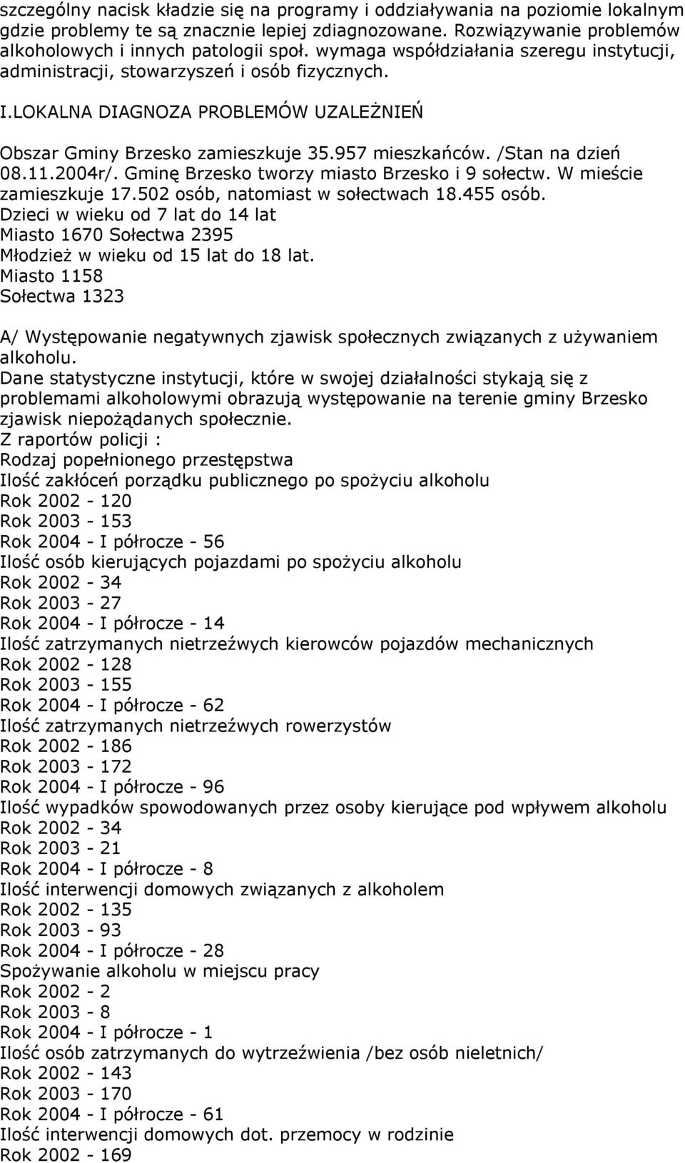 11.2004r/. Gminę Brzesko tworzy miasto Brzesko i 9 sołectw. W mieście zamieszkuje 17.502 osób, natomiast w sołectwach 18.455 osób.