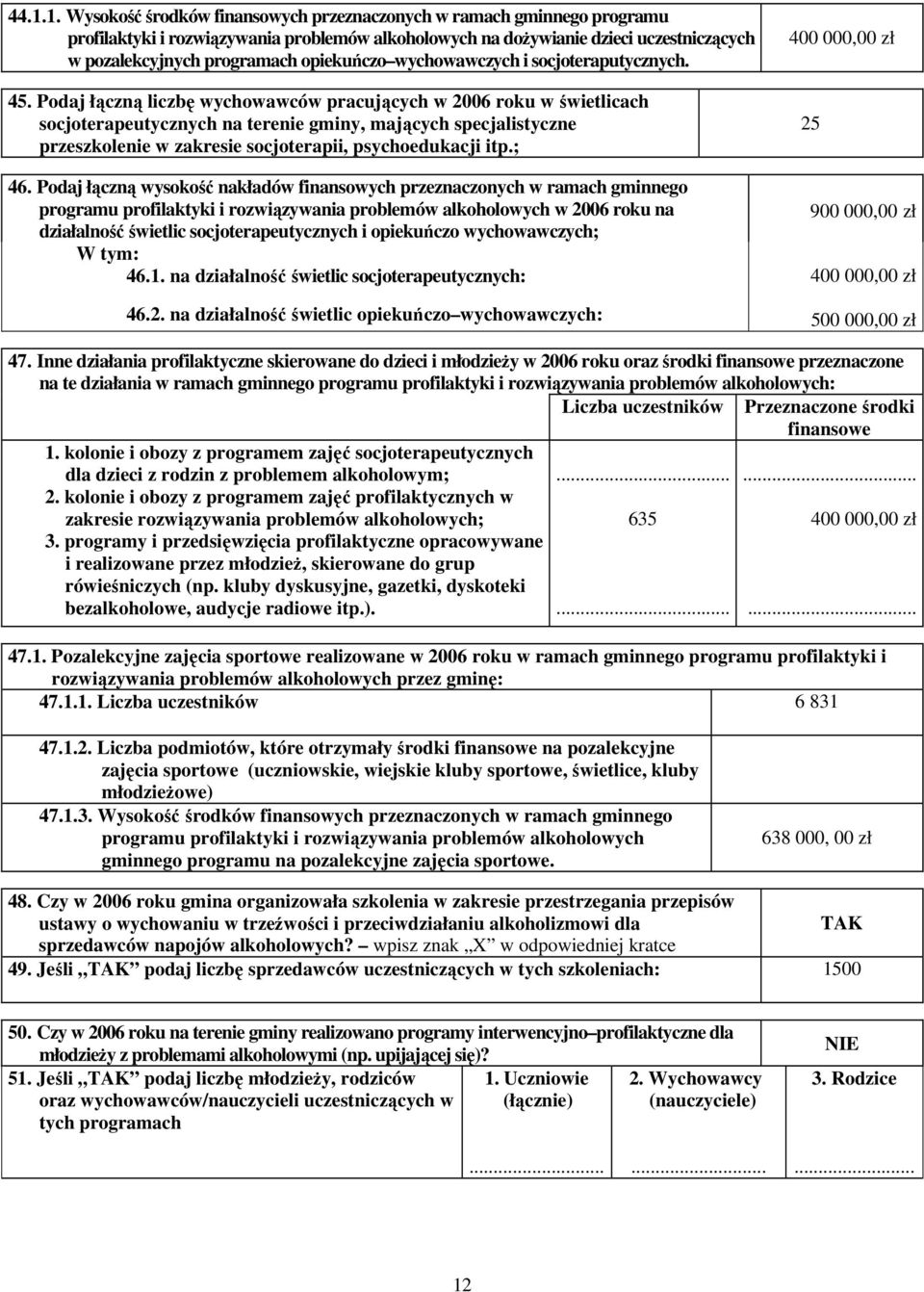 Podaj łączną liczbę wychowawców pracujących w 006 roku w świetlicach socjoterapeutycznych na terenie gminy, mających specjalistyczne przeszkolenie w zakresie socjoterapii, psychoedukacji itp.; 46.