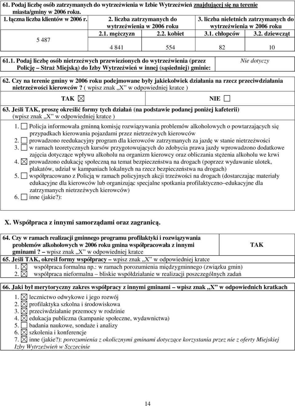 . Podaj liczbę osób nietrzeźwych przewiezionych do wytrzeźwienia (przez Policję StraŜ Miejską) do Izby Wytrzeźwień w innej (sąsiedniej) gminie: Nie dotyczy 6.