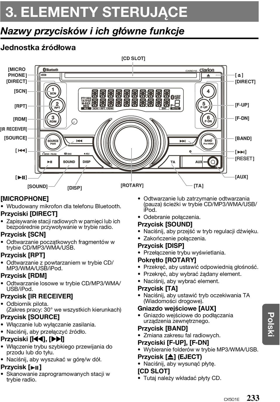 Przycisk [SCN] Odtwarzanie początkowych fragmentów w trybie CD/MP3/WMA/USB. Przycisk [RPT] Odtwarzanie z powtarzaniem w trybie CD/ MP3/WMA/USB/iPod.