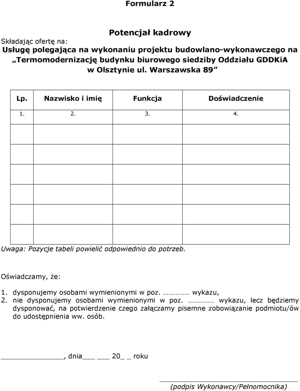 Uwaga: Pozycje tabeli powielić odpowiednio do potrzeb. Oświadczamy, że: 1. dysponujemy osobami wymienionymi w poz. wykazu, 2.